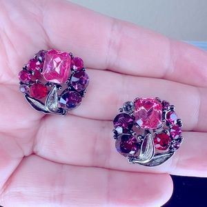 Vintage Red Jelly Cabochon Earrings, Purple, Pink, Ruby Red, Crystals, Rhineston
